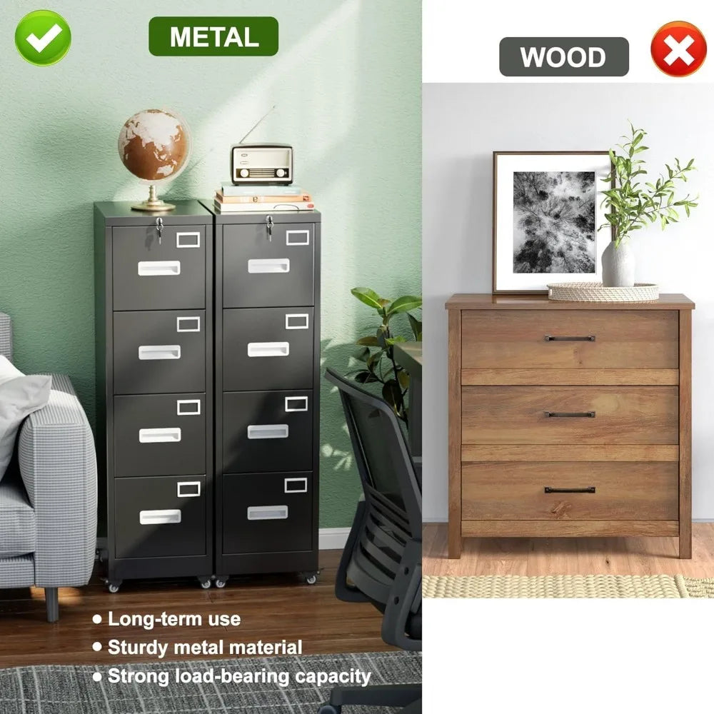 File Cabinet 4 Drawer with Wheels Lockable Office Metal Filing Cabinet with Name Card Mobile Storage Cabinet w/Smooth
