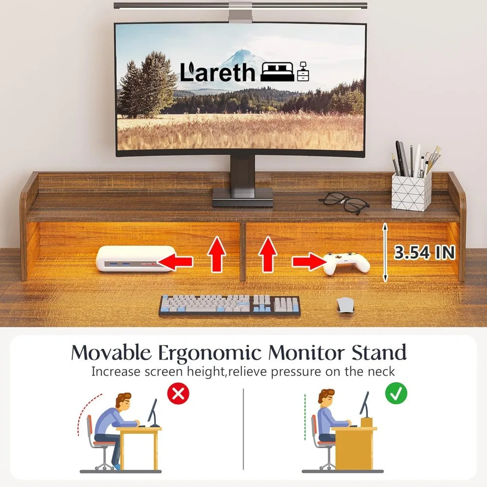 Executive L Shaped Desk with Monitor Stand And LED Lights Farmhouse Computer Desk with Power Outlets for Home Office