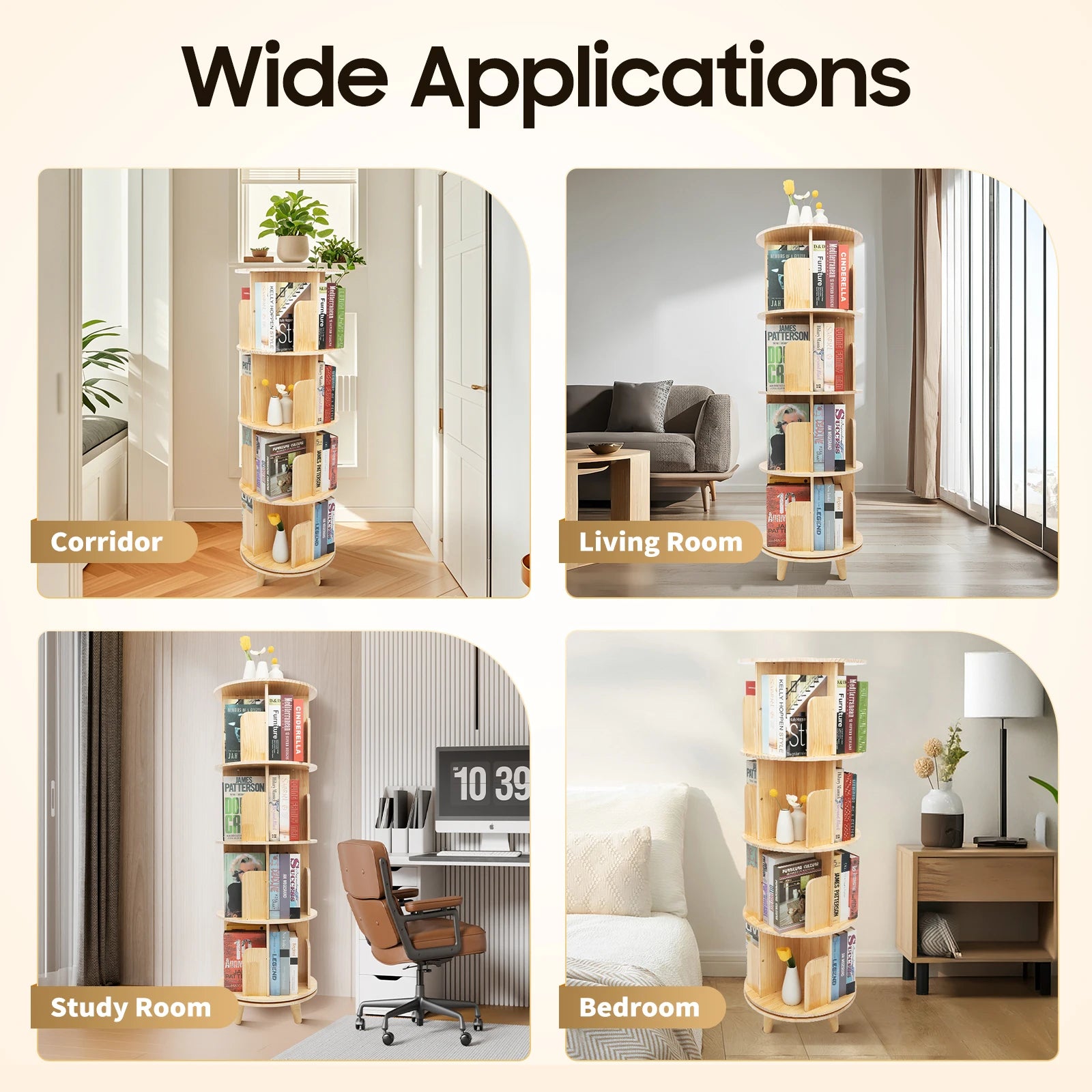 4-Tier Rotating Bookshelf Organizer Modern 360°Rotating Storage Rack Display Holder Stand Floor Standing Bookcase