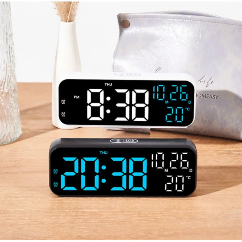 Digital Alarm Clock Temperature and Date Week Display Night Mode Table Clock Voice Control 12/24H Electronic LED Alarm