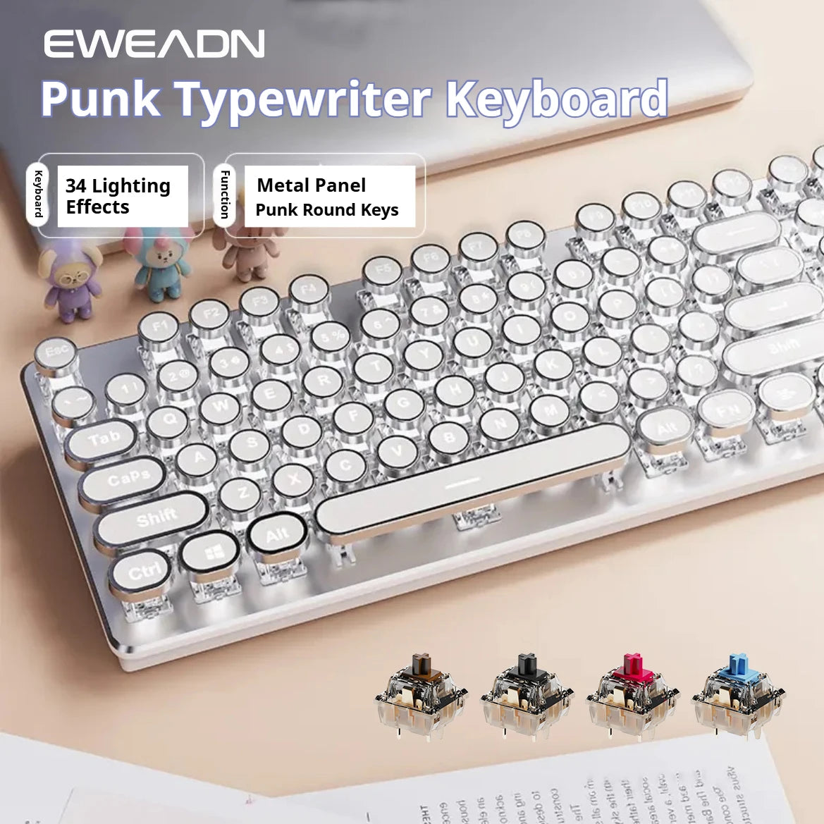 EWEADN TK100 Punk Typewriter Mechanical Gaming Keyboard 104Keys with LED Backlit USB Wired Keyboards for Windows Laptop