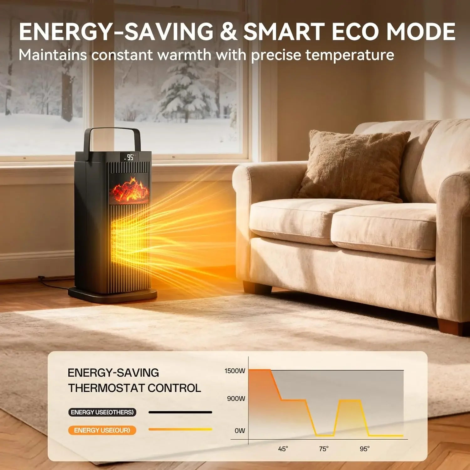 1500W Portable Space Heater with Thermostat 45° Oscillation 12H Timer Quiet & Safe Ceramic Heater for Bedroom Office