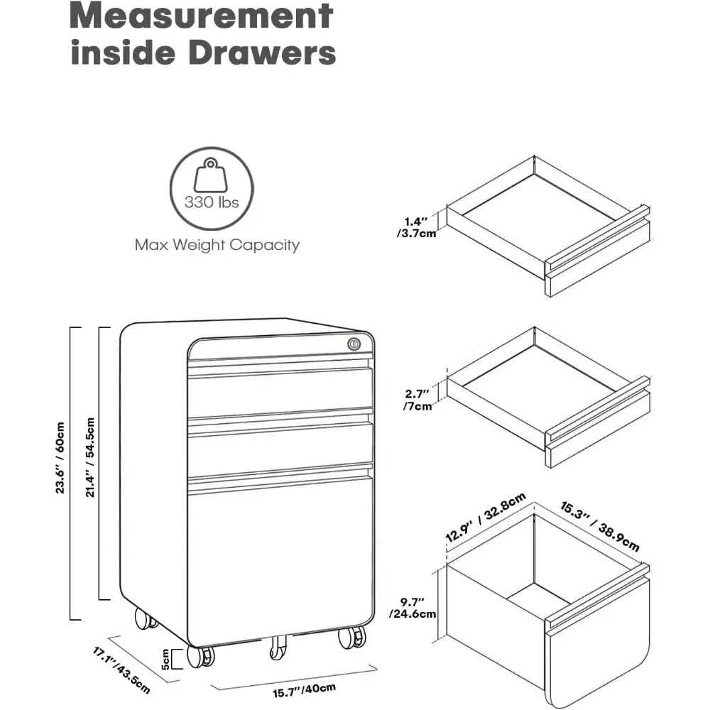 3 Drawer File Cabinet Metal Filing Cabinets with Lock Wheels for A4/Legal/Letter File Anti-tilt Under Desk Design