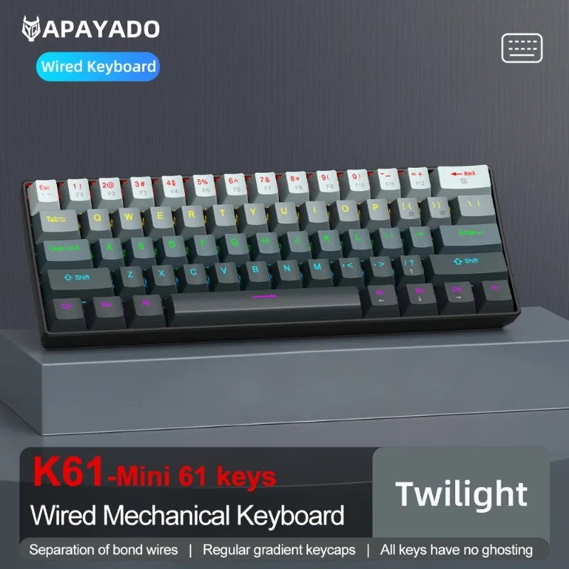 APAYADO K61 Mini Mechanical Keyboard 61 Keys Type-C Detachable Gradient Keycaps N-Key Rollover Compact - Desktop