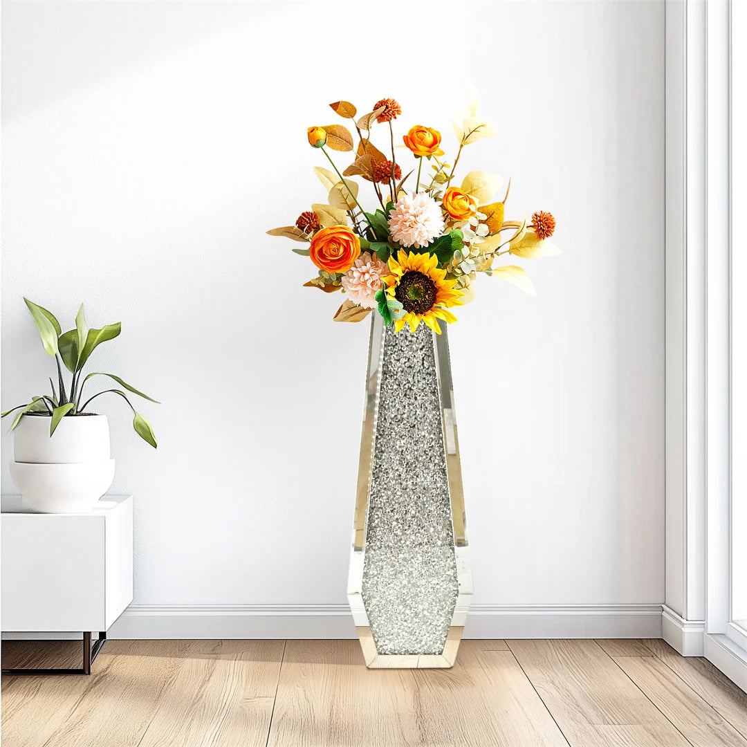 Luxury Floor Glass Vase Large Tall Stand Silver Crushed Diamond Floor Vase for Home Hotel Decorative
