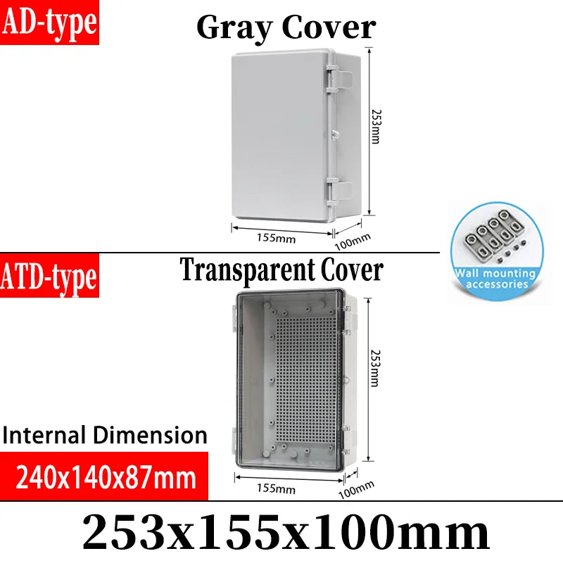 ABS plastic junction box AD type outdoor waterproof junction box - 253x155x100mm / Grey cover