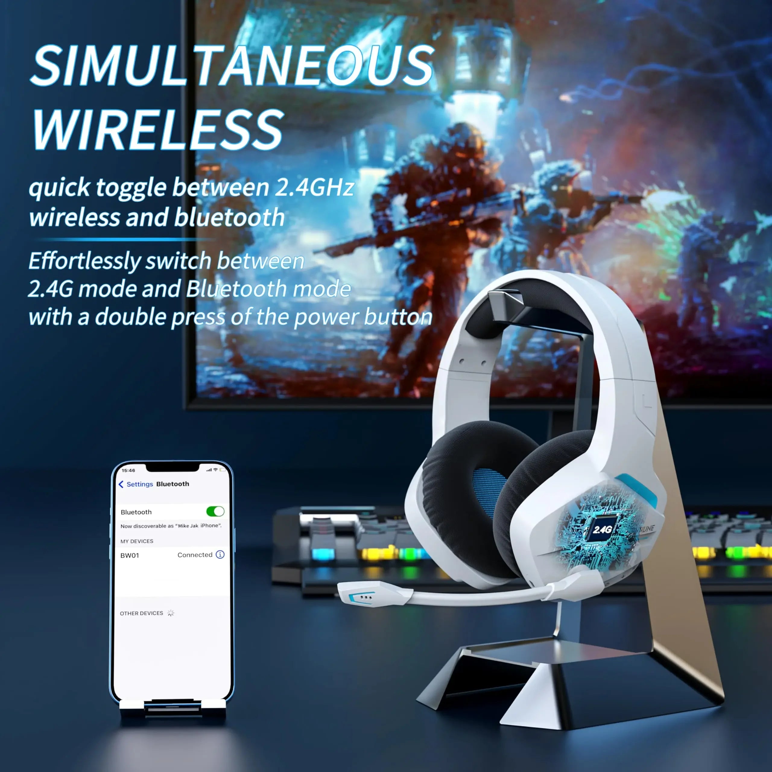 BINNUNE BW01 Wireless Gaming Headset with Mic for PC PS4 PS5 2.4G Bluetooth USB Gamer Headphones with Mic for Laptop