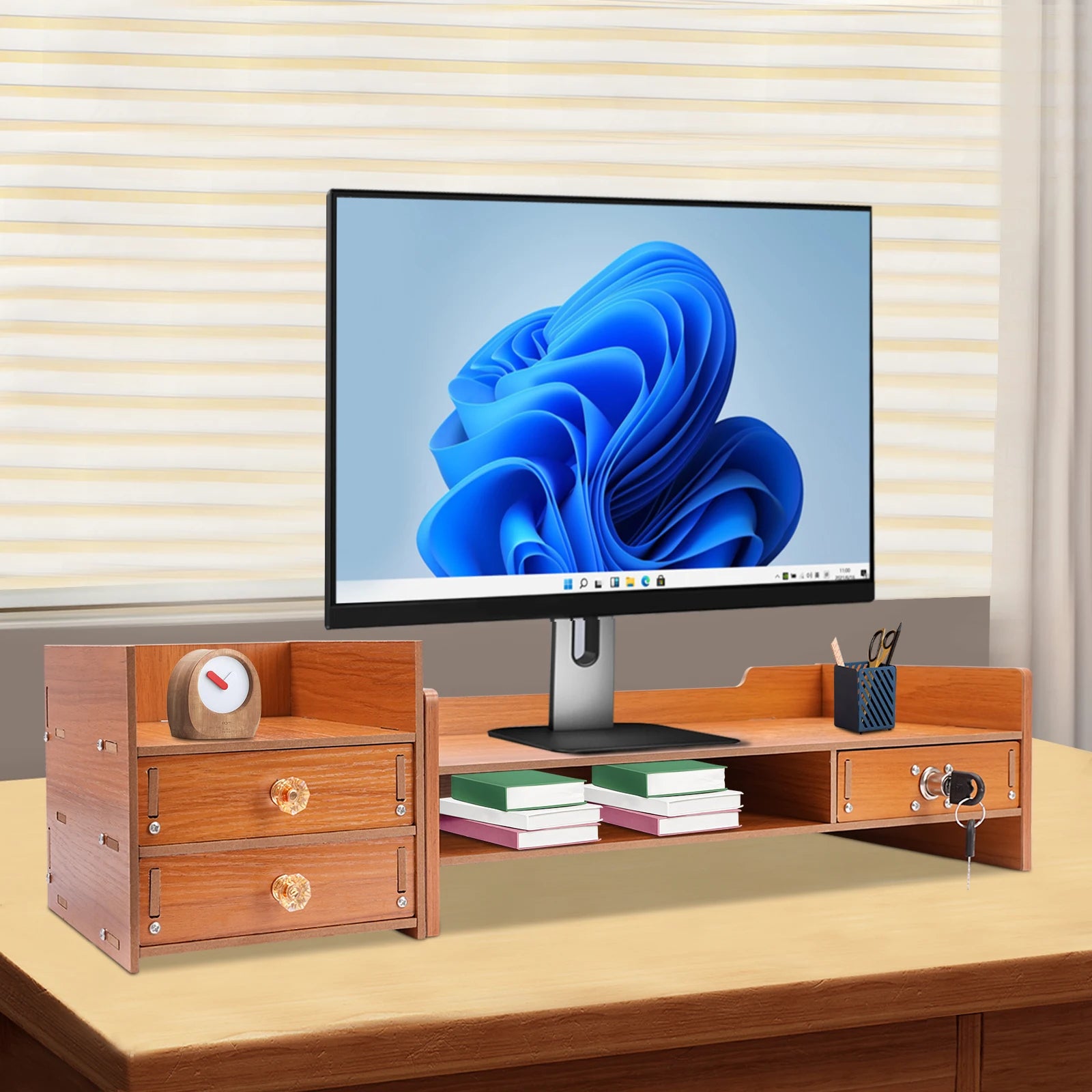 Computer Monitor Riser 2 Tier Wooden Stand With Two Layer Storage Rack,Wood Desktop Organizer for PC/Laptop Home &