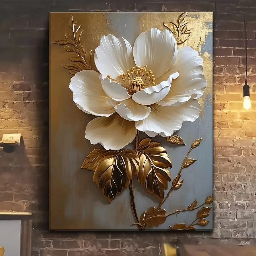 1PC Elegant White Floral Canvas Art Vintage Gold Flower Wall Decoration Living Room Bedroom Office Room Decoration