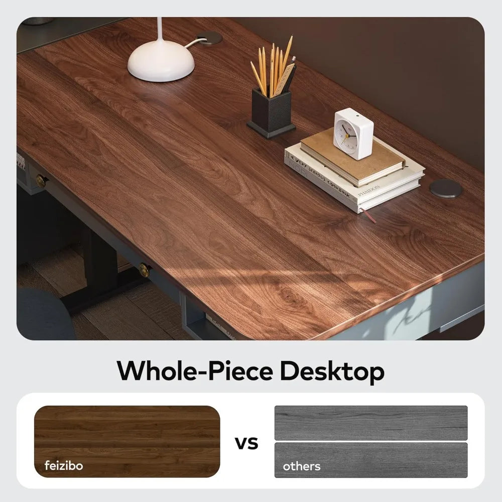 Whole Piece Mid Century Modern Electric Standing Desk with Drawer and Open Storage 48 x 24 Inches Sit Stand Home Office