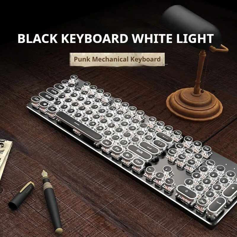 EWEADN TK100 Punk Typewriter Mechanical Gaming Keyboard 104Keys with LED Backlit USB Wired Keyboards for Windows Laptop