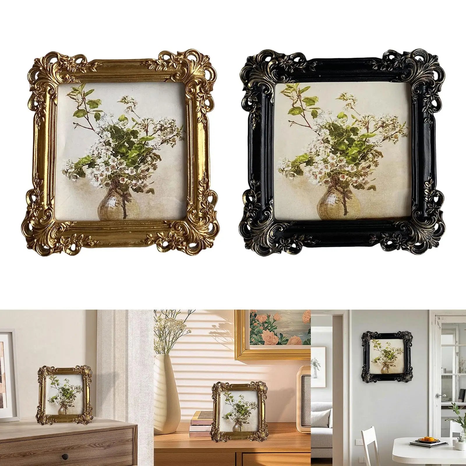 Vintage Picture Frame Photo Holder Floral Design Ornament Home Decor Photo Frame for Table Library Book Shop Bedroom