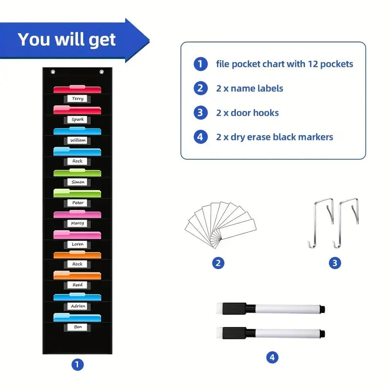 12 Pocket File Storage Chart Wall-Mounted Organizer with Hooks And Labels for Office Organization Hanging Pocket Folder