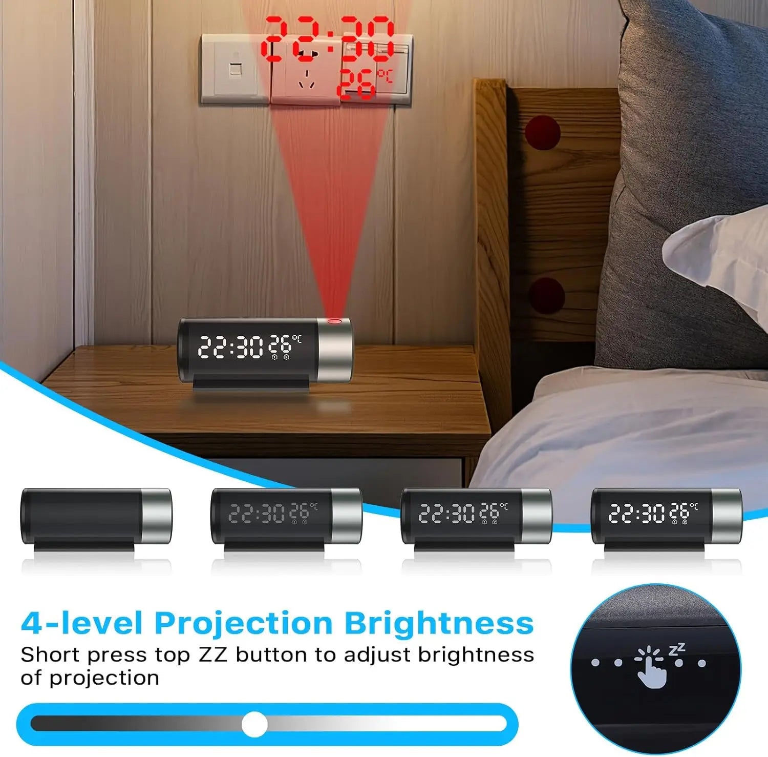 Black Bedroom Projection Alarm Clock with 180° Ceiling Projection 4 Adjustable Brightness Levels & Temp Humidity