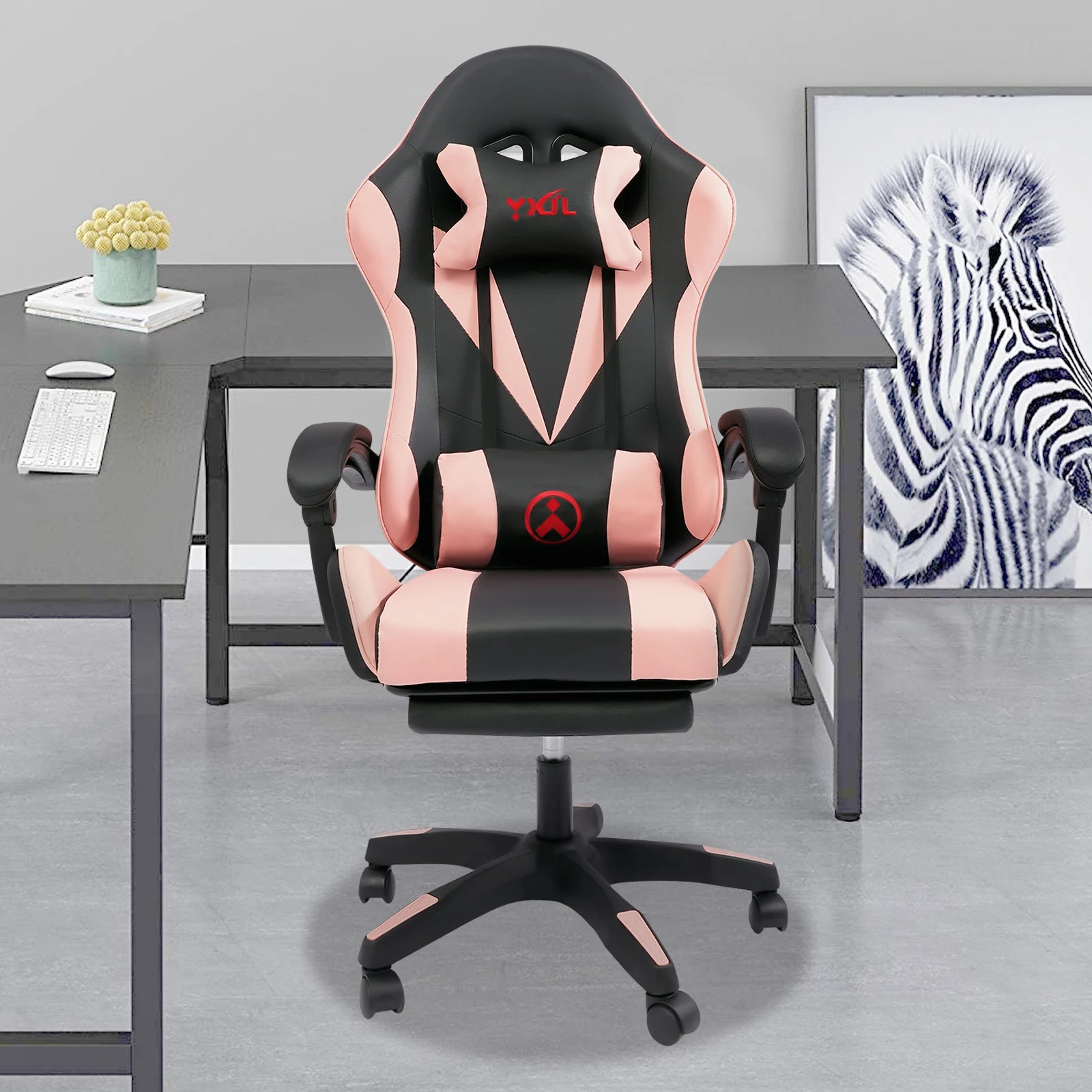 Adjustable Swivel Task Chair Bluetooth - Equipped Pink Gaming Chair with Comfortable Lumbar Support Pillow