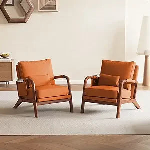 Mid Century Modern Accent Chair with Pillow & Pocket Upholstered Armchair with Solid Wood Frame & Soft Cushion