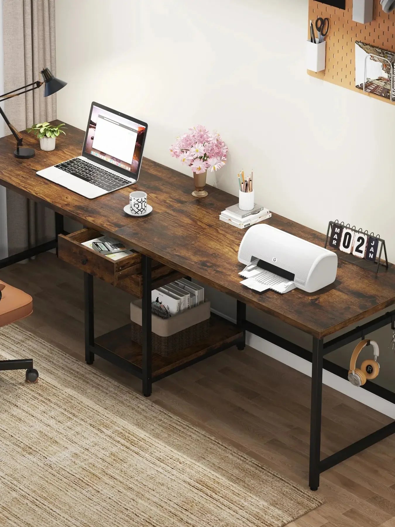 Tribesigns 78.74’’ Two Person Desk with 2 Drawers Long Double Computer Desk Gaming Table with Shelves - Brown / UNITED