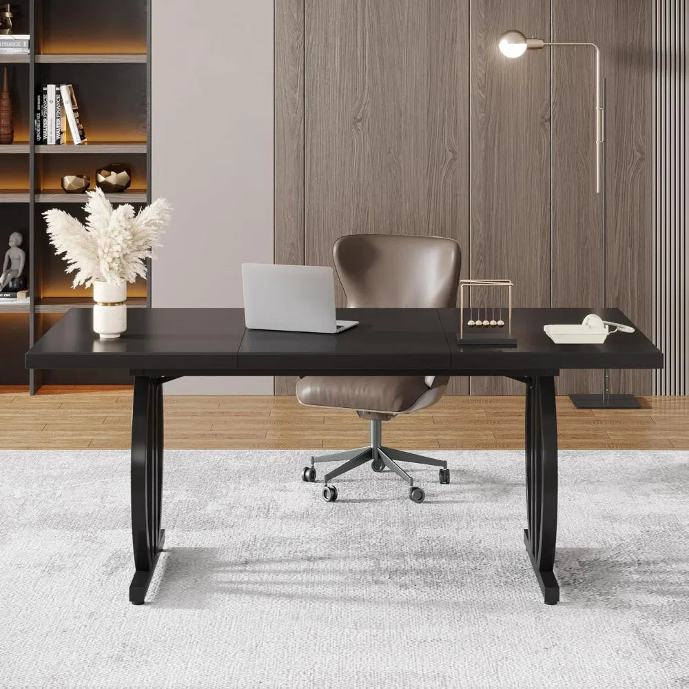 63 inch computer desk modern administrative desk metal frame minimalist desk study desk - All Black / United States