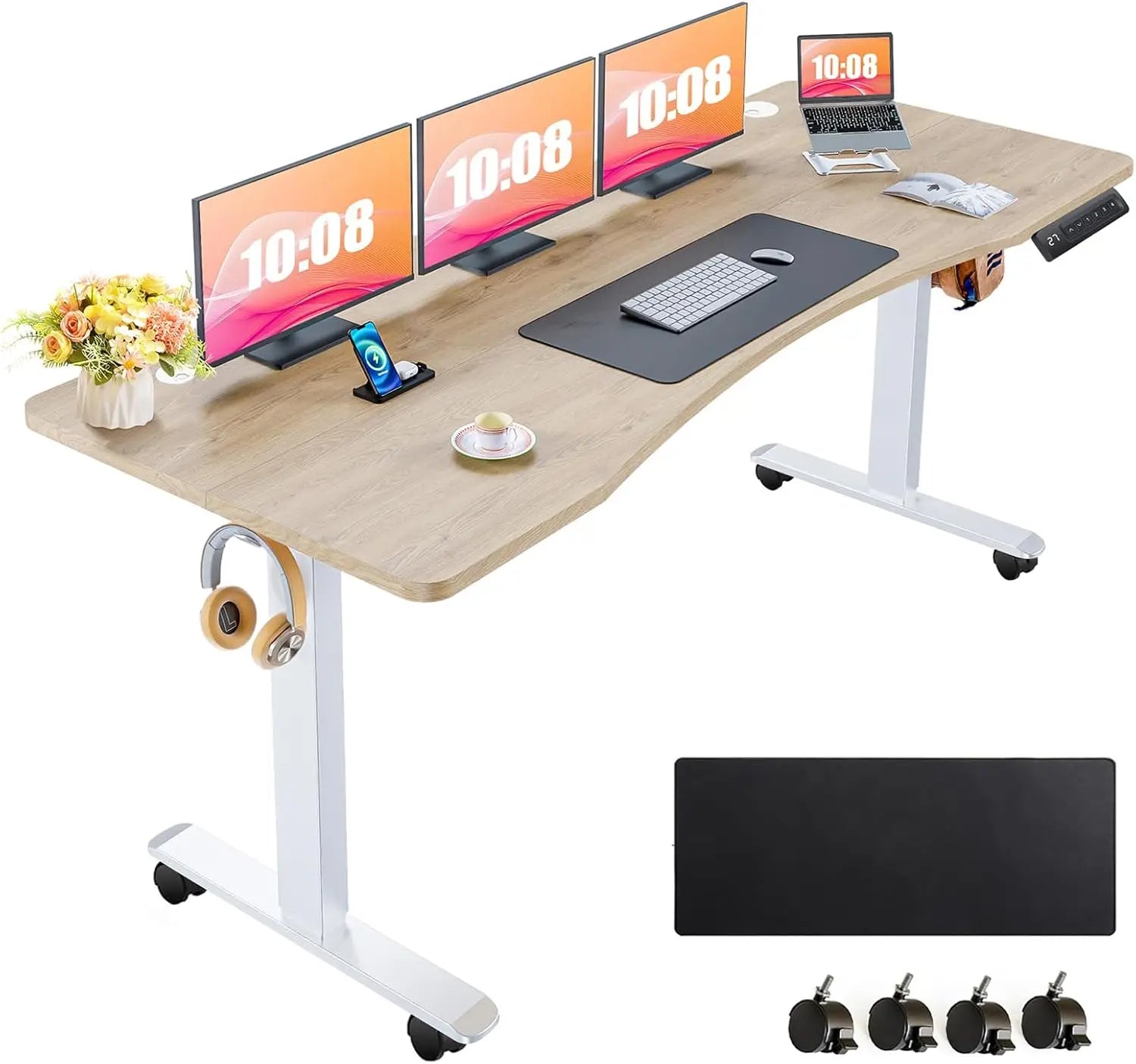 Electric Standing Desk Adjustable Height 63x24 Inches Computer Desk with Ergonomically Curved Desktop Mouse Pad