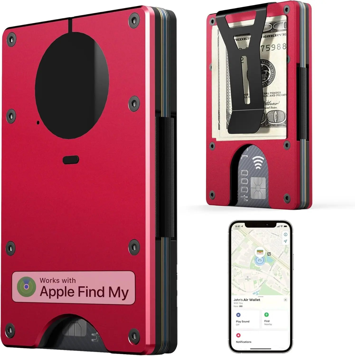 RFID Blocking Credit Card Holder Slim Wallet For Men Compatible with Find My iOS Only Detachable Money Clip - Red