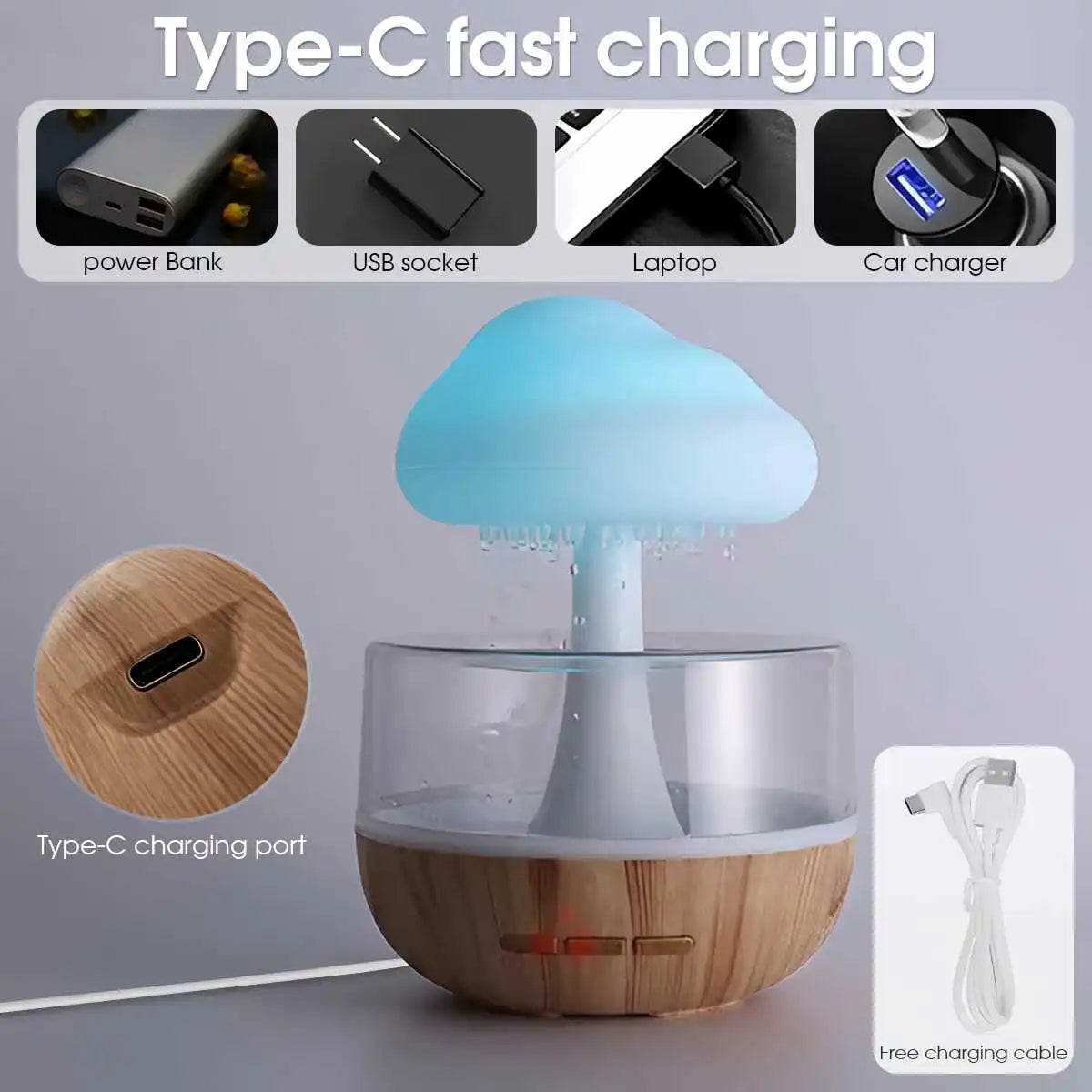 Rain Cloud Humidifier Rain Colorful Mushroom Cloud Raindrop Atmosphere Lamp Night Light Essential Oil Small