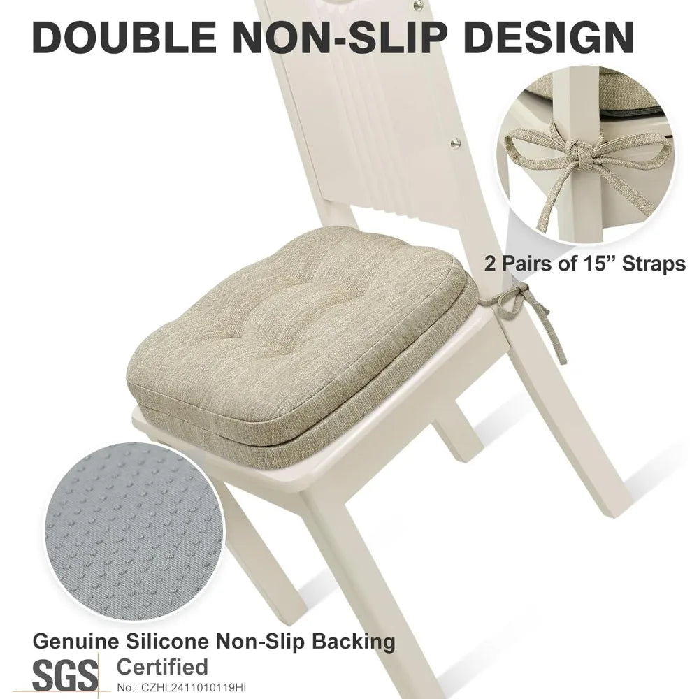 Set of 6 Dual-Layer Memory Foam Kitchen Chair Cushions with Ties 16.5 Inch Seat Pads - Beige / United States
