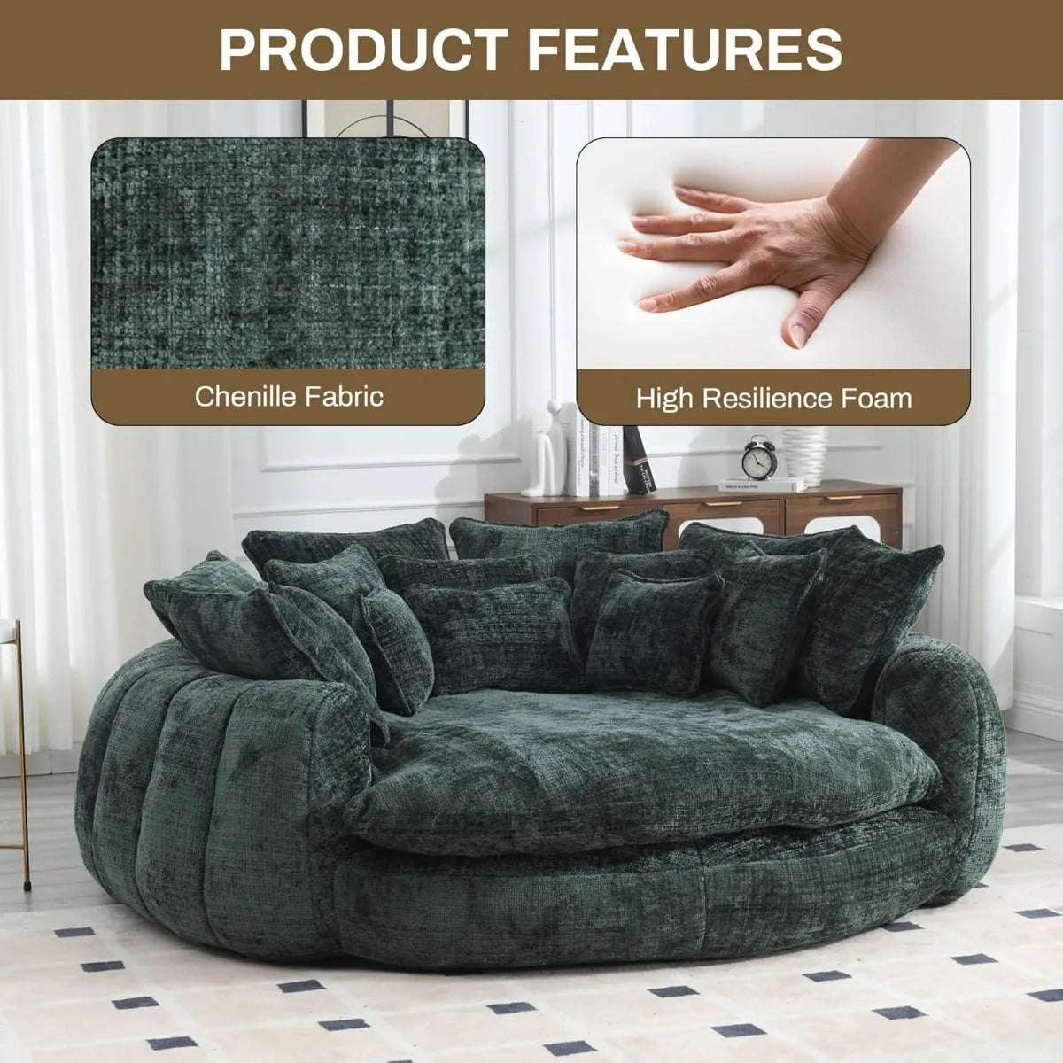 81’’ Round Chaise Lounge Fluffy Bean Bag Sofa with 14 Pillows Emerald Chenille - United States