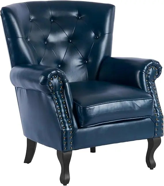 PU Leather Accent Chair Mid-Century Modern Armchair Living Room Club Chair with Tufted Button & Rivet Trim Upholstered