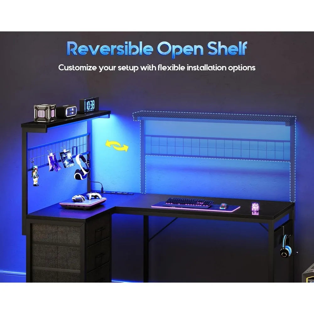 L Shaped Gaming Desk with Shelf & 4 Drawers 43 Reversible Computer Desk with LED Light Home Office Table with Hutch