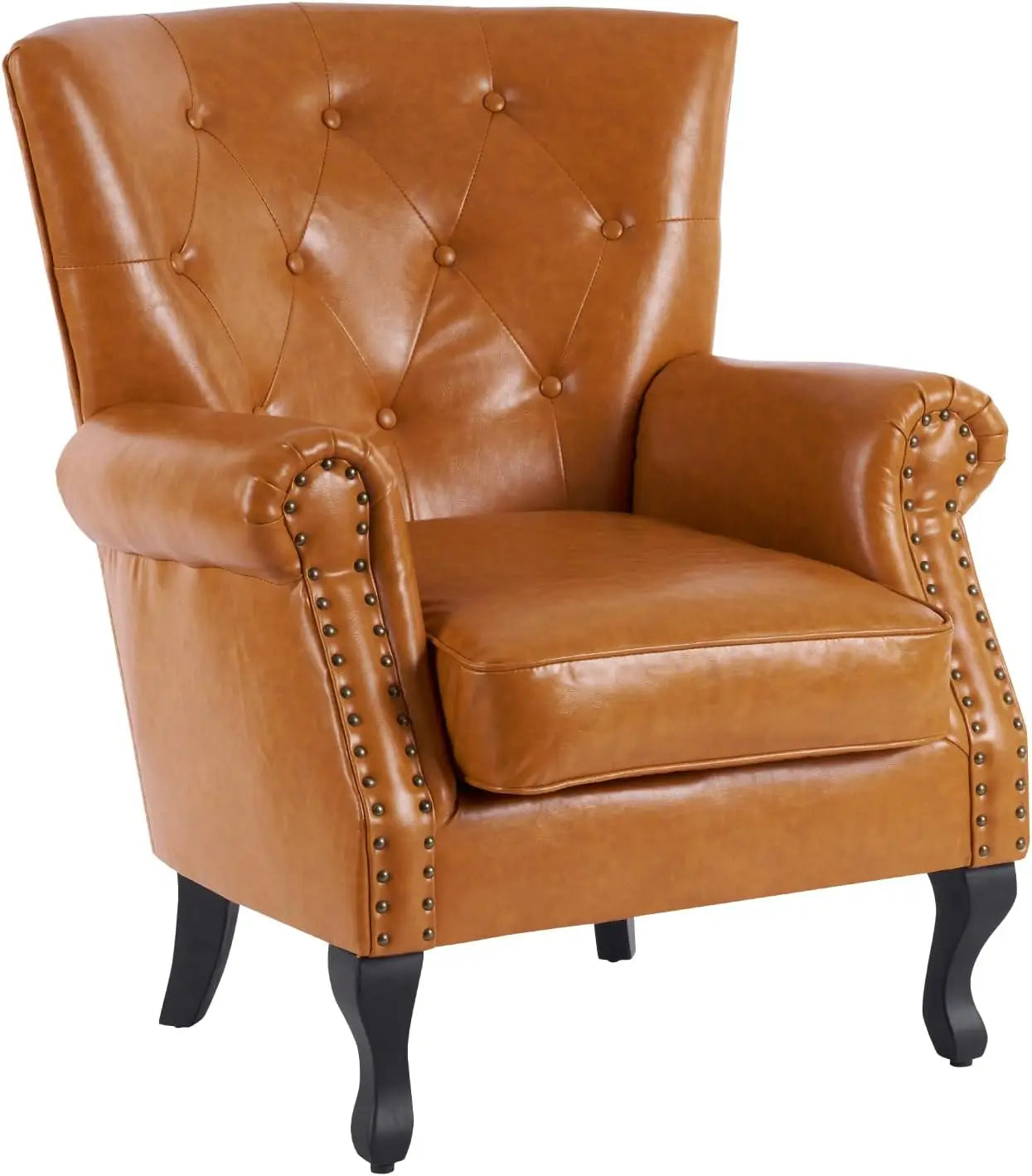 PU Leather Accent Chair Mid-Century Modern Armchair Living Room Club Chair with Tufted Button & Rivet Trim Upholstered