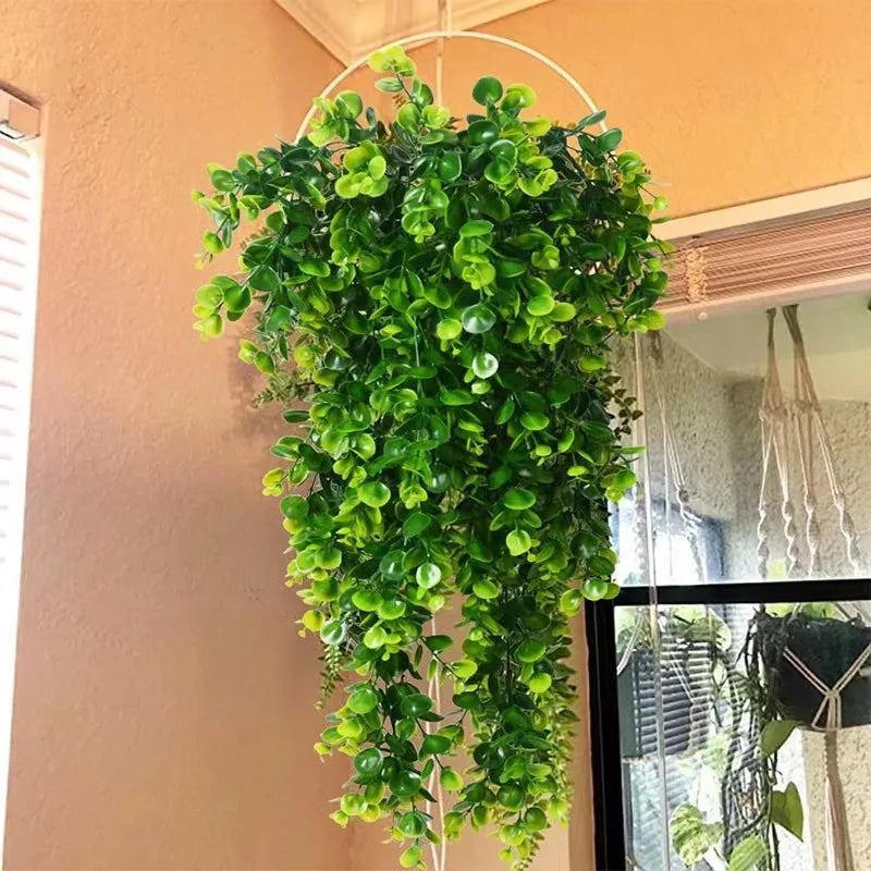 2Pcs Artificial Hanging Plants Fake Hanging Plant Faux Eucalyptus Leaf Greenery Vine Outdoor UV Resistant Plastic