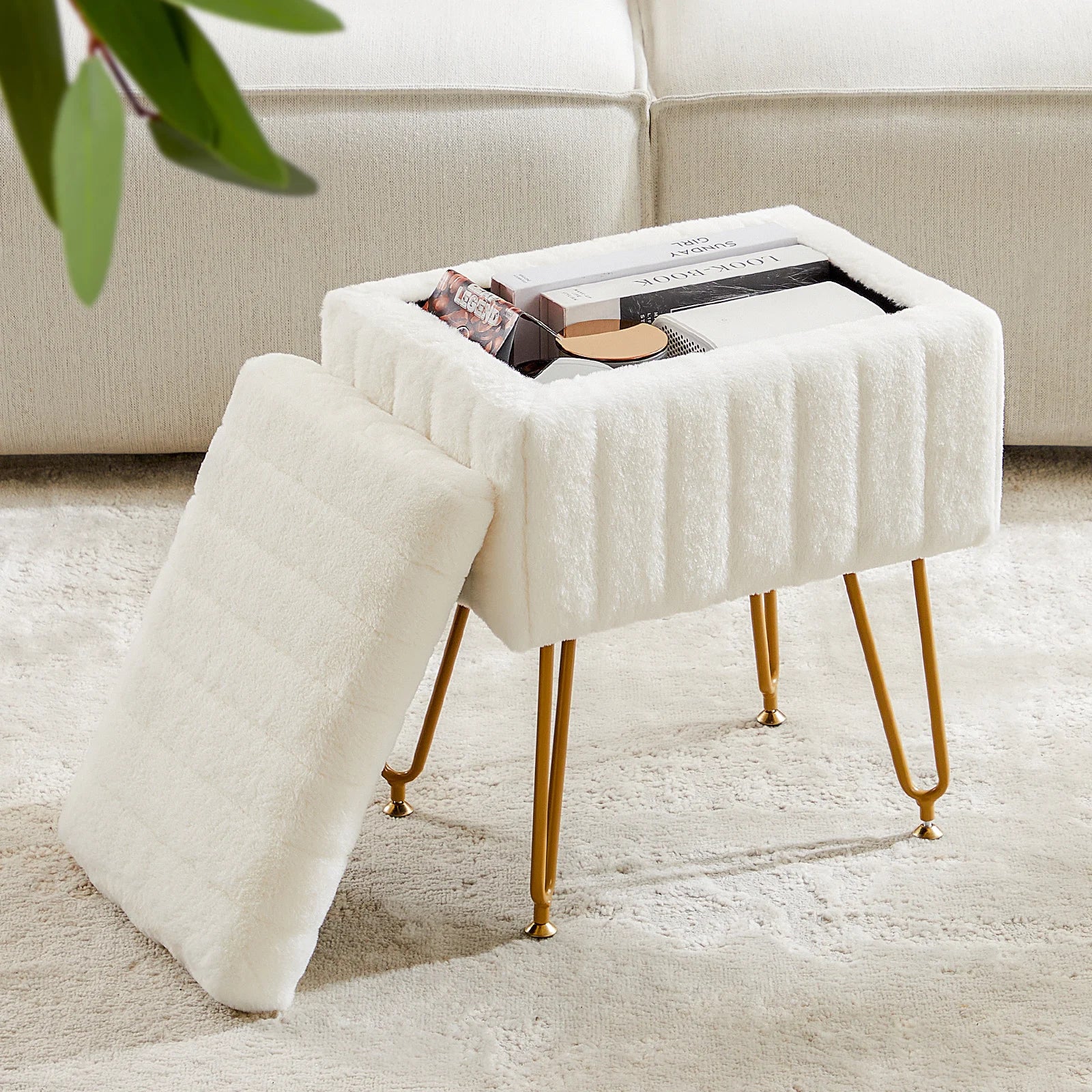 JHK Faux Fur Living Room Hidden Storage Stools & Ottomans Padded Makeup with 4 Metal Legs Anti-Slip Adjustable Feet