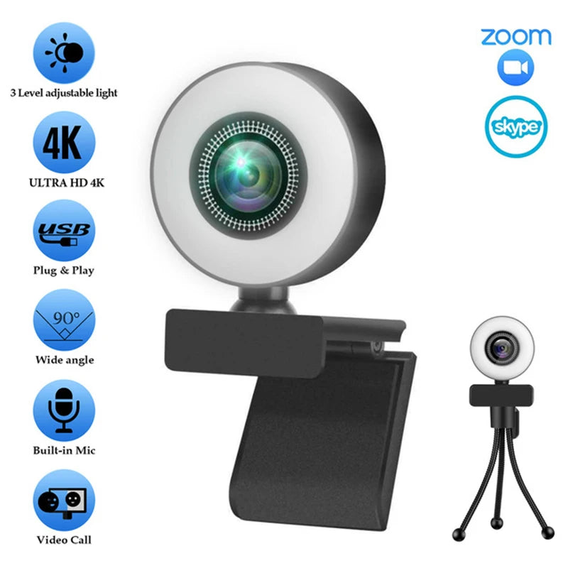 4K Webcam 2K Full HD Web Camera With Microphone LED Fill Light USB Web Cam Rotatable For PC Computer Laptop for Youtube