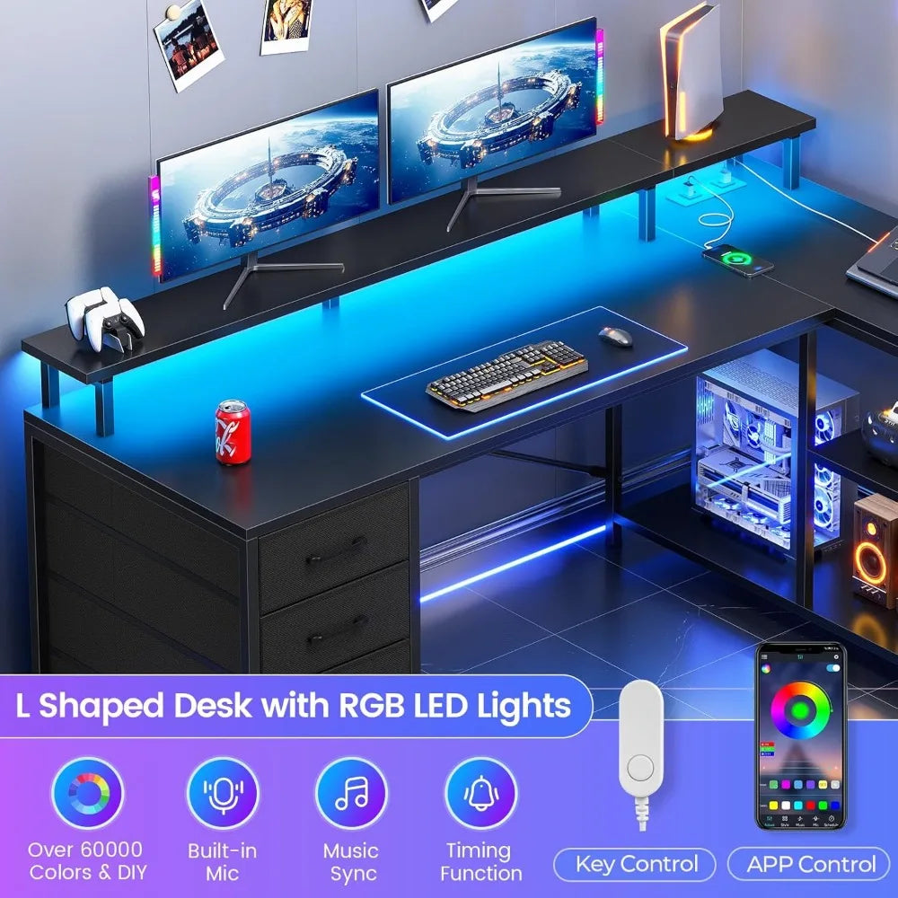 SEDETA L Shaped Desk with 4 Drawers and Storage Shelves L Shaped Gaming Desk with LED Lights & Power Outlets Computer