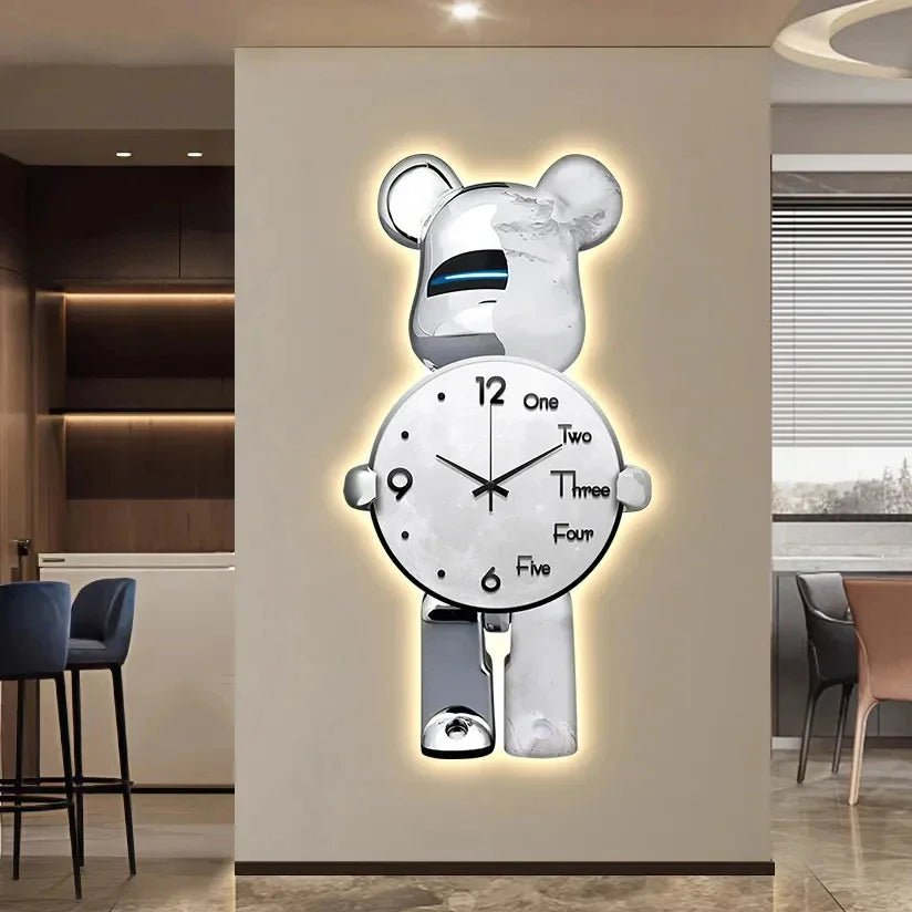 Aesthetic Bear Wall Clock LED Lamp Unique Bear Silent Watch Sconce Luxury Porch Livingroom Decoration Interior Light