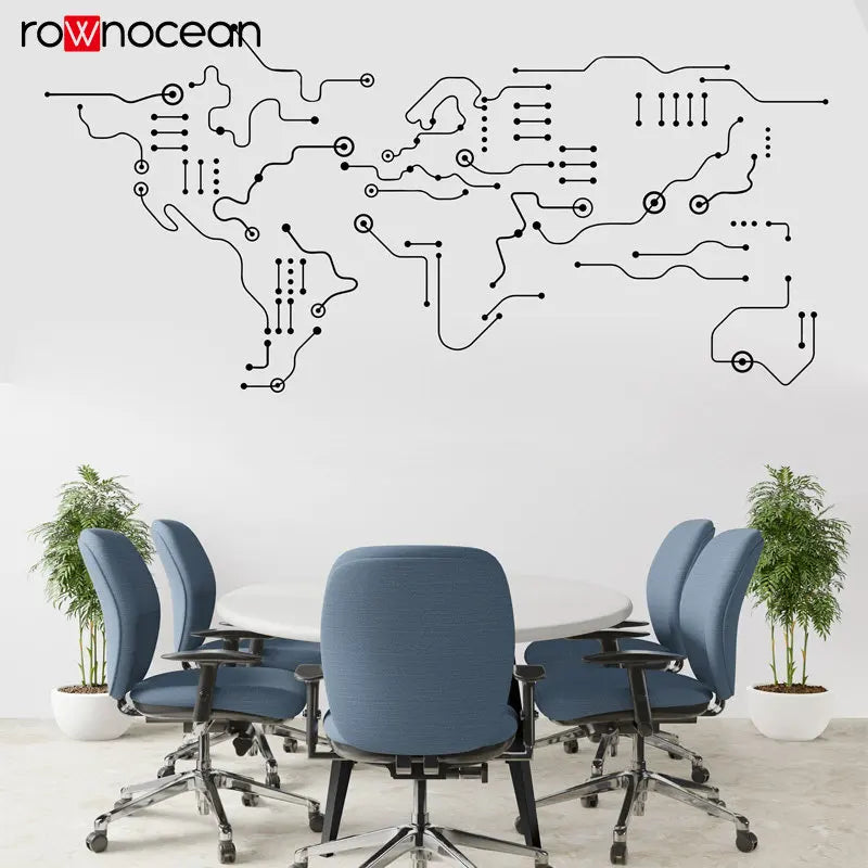 Circuit Board World Map Office Wall Art Decal Technology Vinyl Wall Art Decals Computer IT Decor Software Wall Sticker