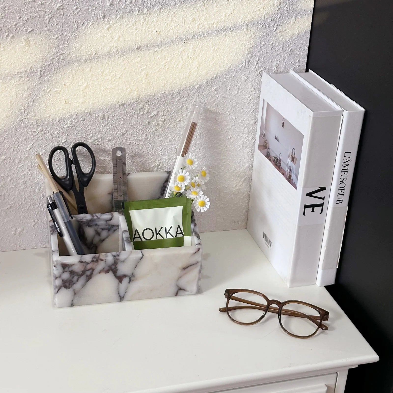 Luxury Calacatta Viola Natural Marble Desktop Organizer Multi-Layer Stone Tray for Pens Makeup Brushes Jewelry Organizer