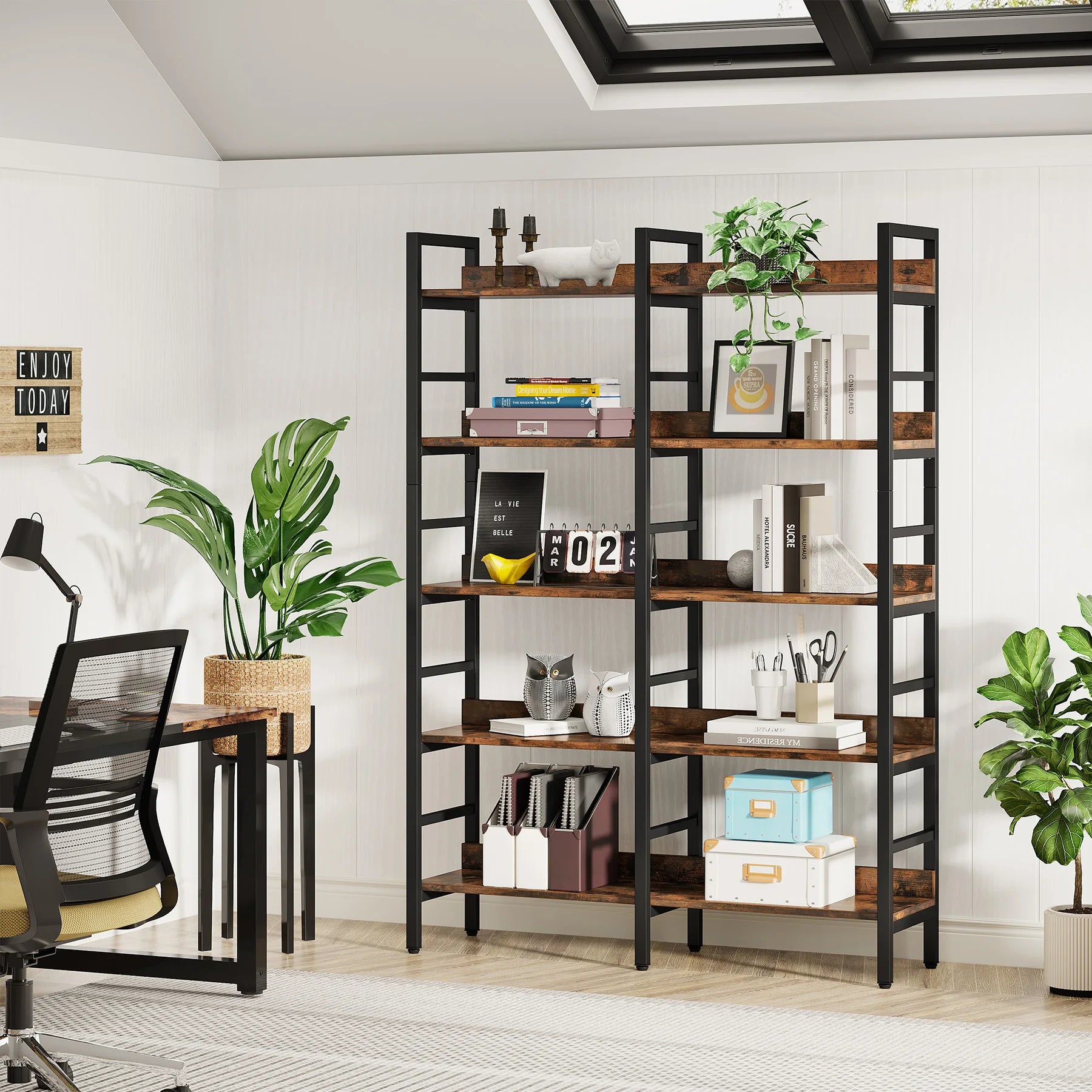 Tribesigns 5-Tier Industrial Bookshelf 71”H x 47”W Etagere Bookcase Freestanding Double Wide Book Shelf for Storage