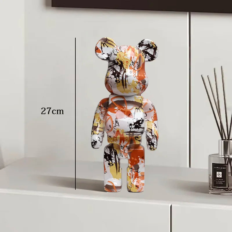 27cm Graffiti Bear Statue Paint Block Bear Decor Resin Desktop Ornaments Home Decoration Living Room Bear Floor