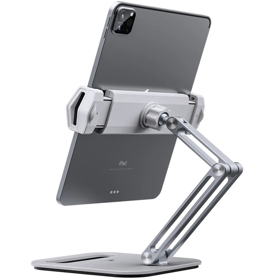 Long Arm Aluminum Alloy Tablet Stand Adjustable Folding iPad Stand Ergonomic 360°Rotatable Tablet and Phone Clamp Mount
