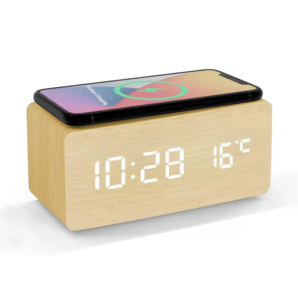 Wooden Digital Alarm Clock with Wireless Charging Temperature Display LED Desk Clock for Office Bedroom Bedside Décor