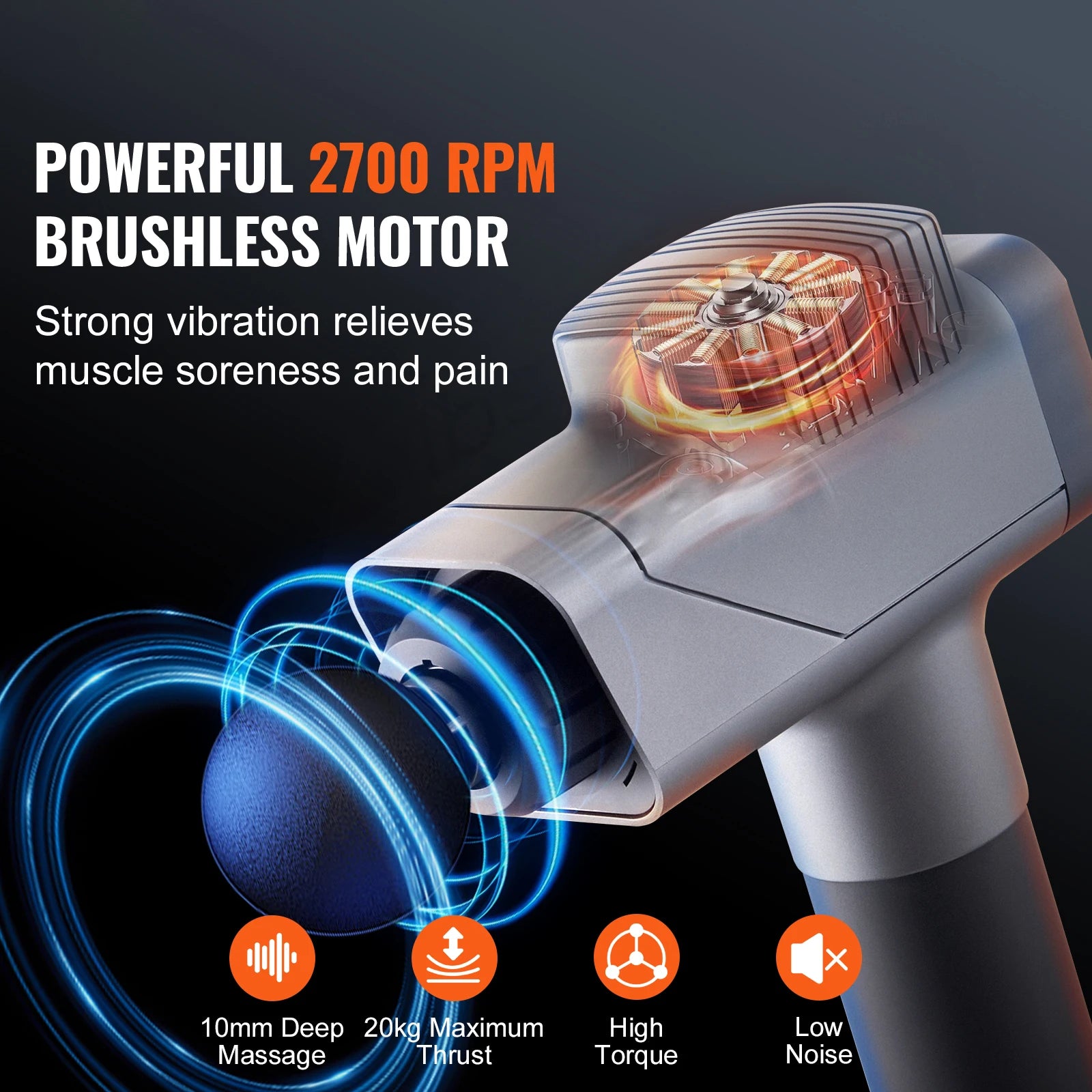SucceBuy Massage Gun Deep Tissue Percussion Muscle Massager for Athletes w/ 8 Speed Levels 6 Massage Heads 16V 2500mAh