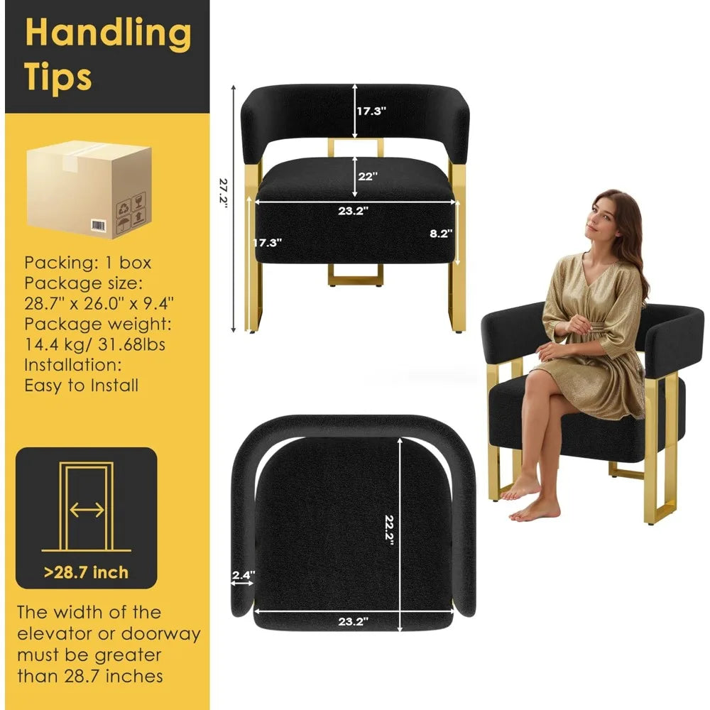 Modern Black and Gold Accent Chair Set of 2 Boucle Bucket Chairs Set of 2 Arm Chairs for Living Room Bedroom (2 Black)