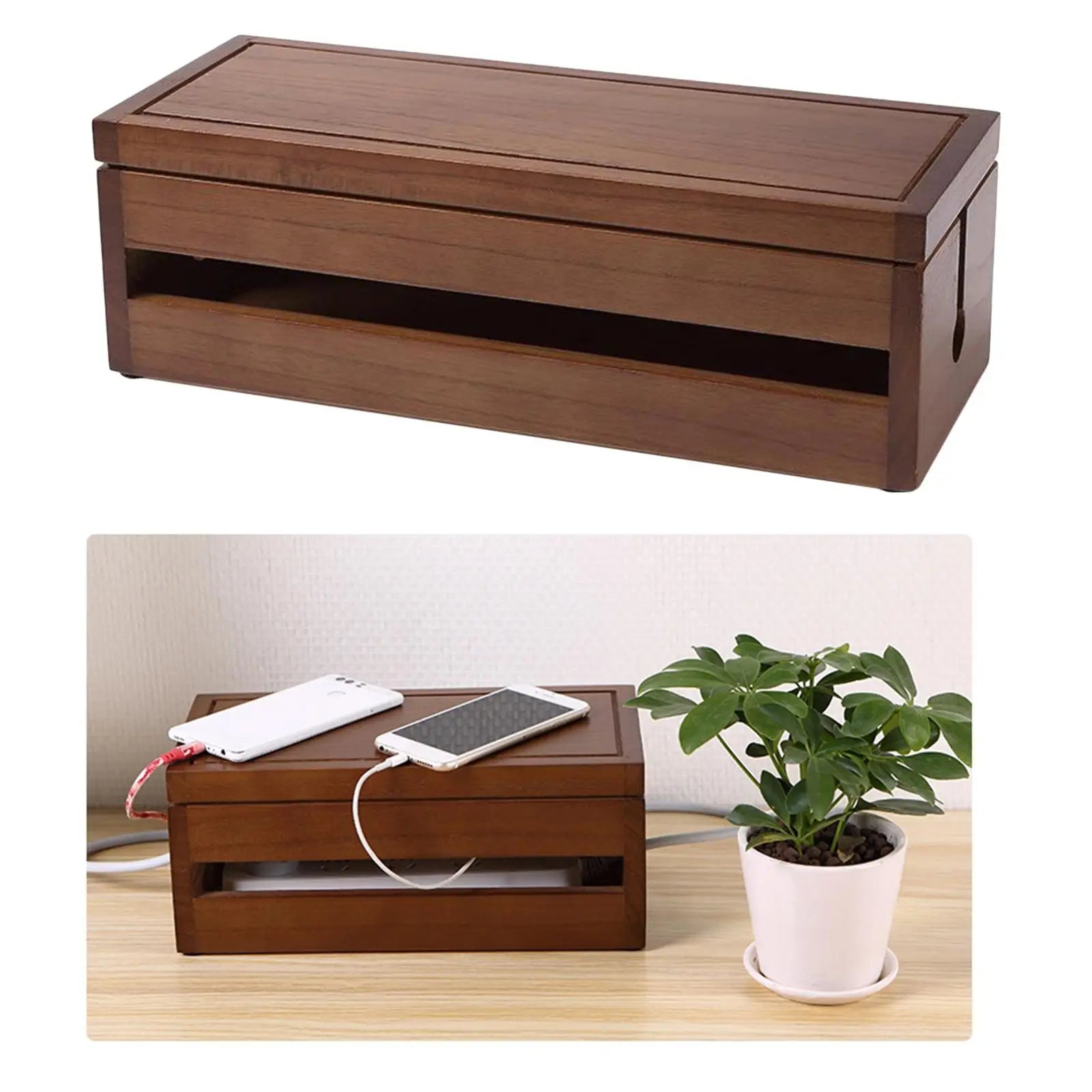 Cable Management Box 14.8x5.6x4.8 inch Wooden Case Cord Organizer for Desk TV - Coffee
