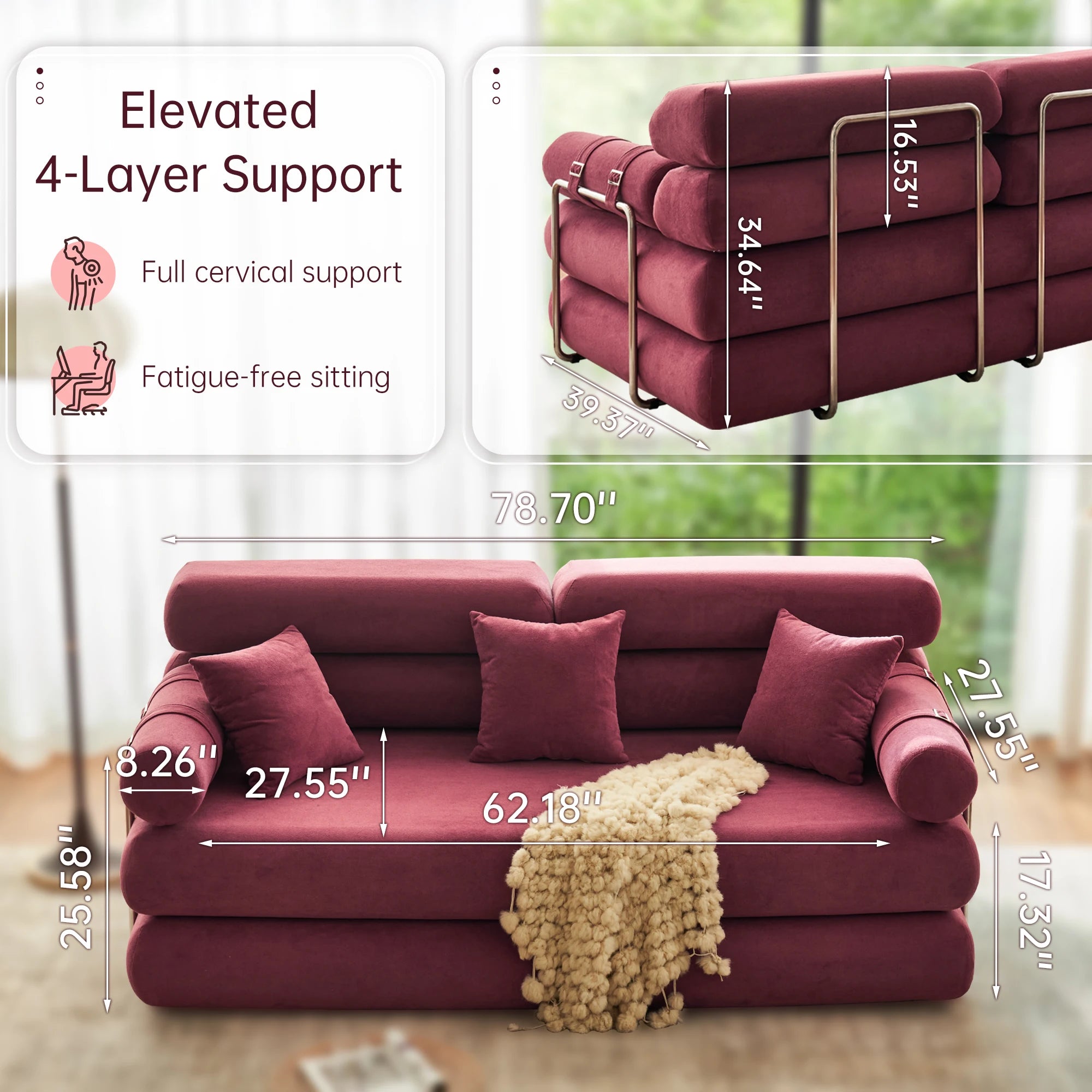 Convertible Sleeper Sofa - 35’’ High-Back Floor Couch Bed - Folding Sofa Bed with Rounded Arm Supports - Floor Sofa