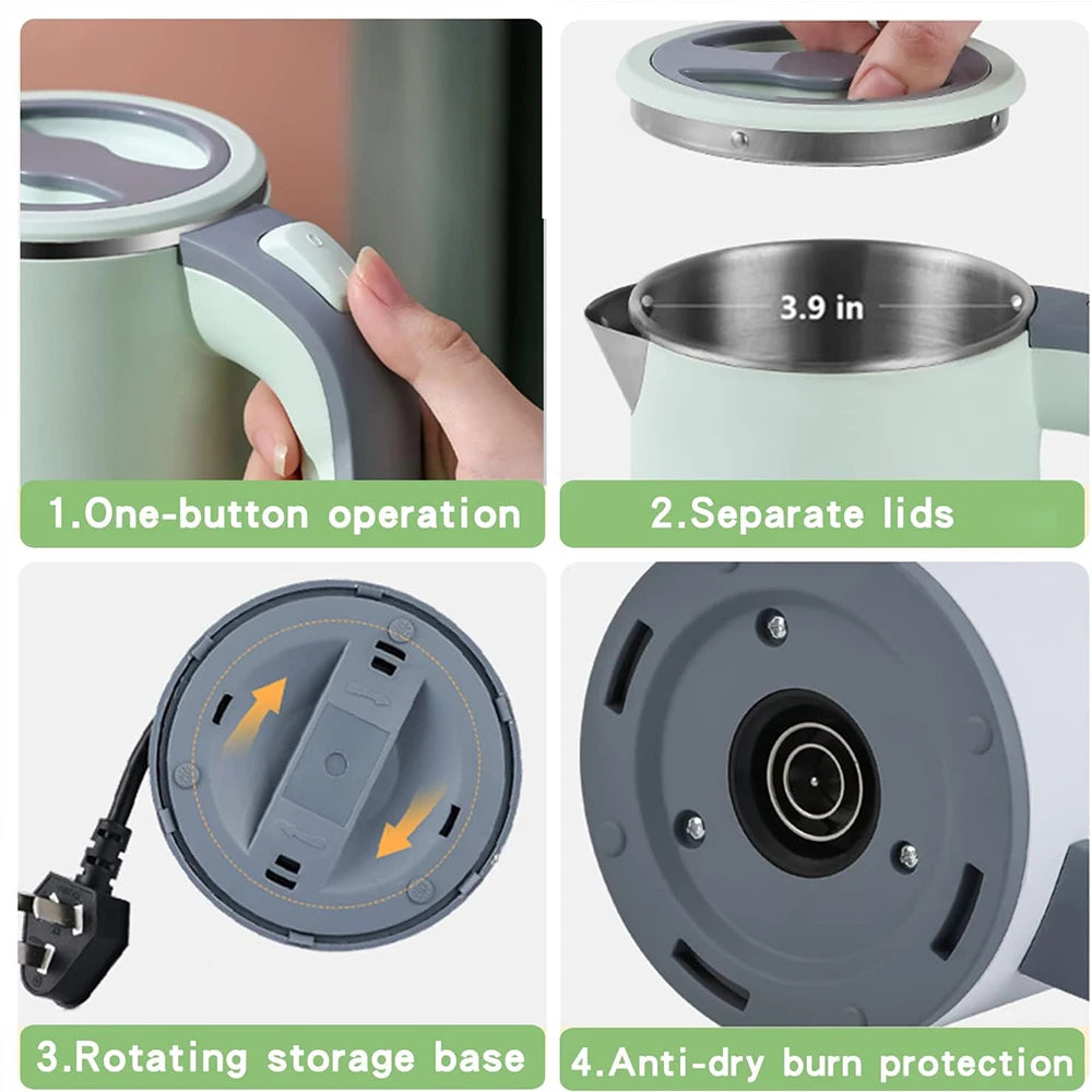 110V/220V Electric Kettle 0.8L Portable Travel Kettle Stainless Steel Liner With Auto Shut-Off 600W 5Mins Fast Boil