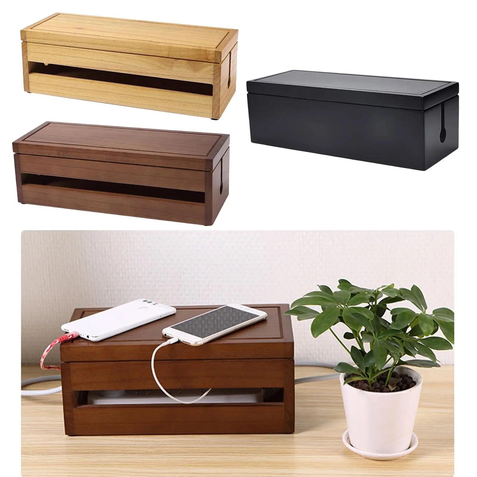 Cable Management Box 14.8x5.6x4.8 inch Wooden Case Cord Organizer for Desk TV