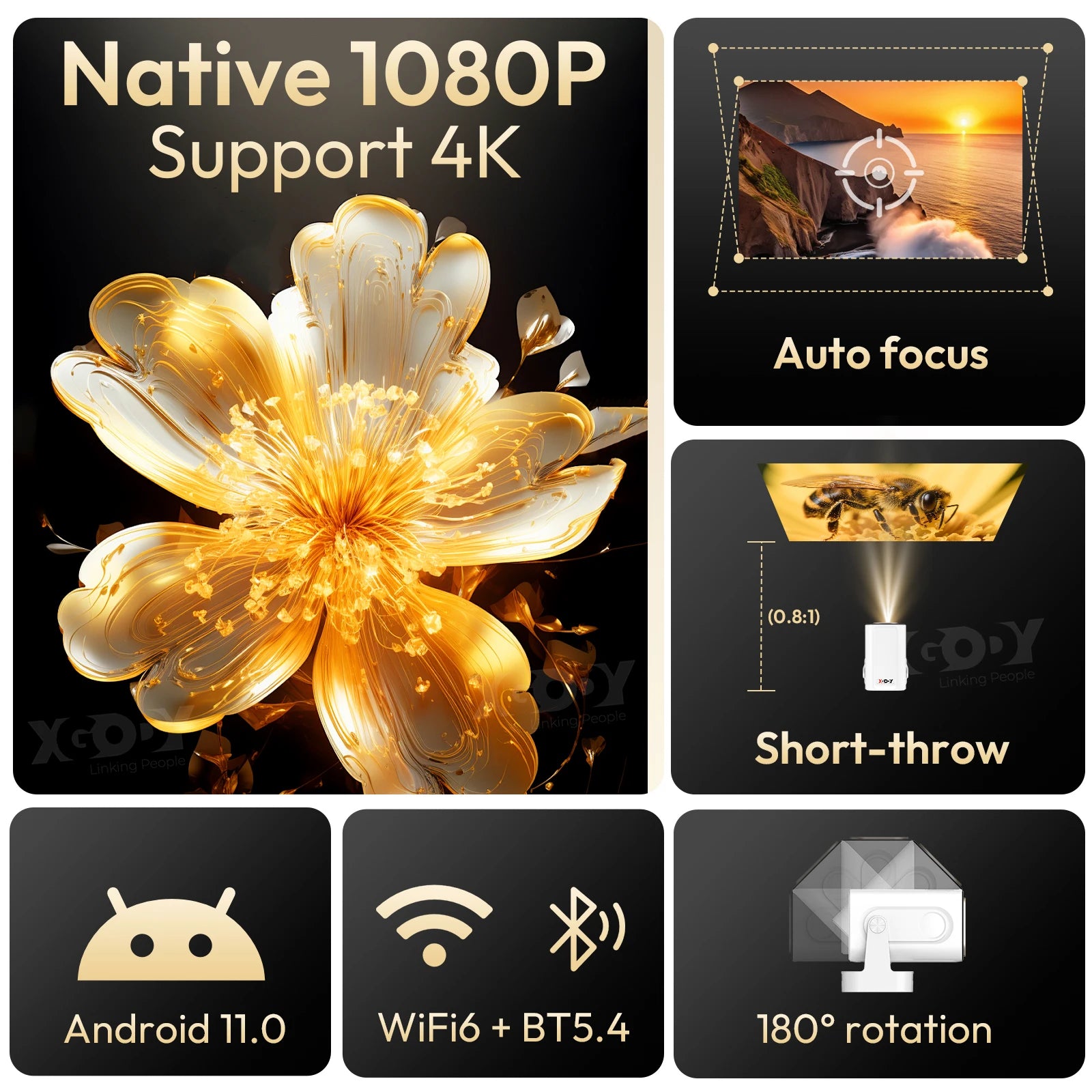 XGODY Gimbal5 PRO 4K HD 12000LMS Smart Projector Keystone Correction Native 1080p Dual WiFi Bluetooth Android Game Home