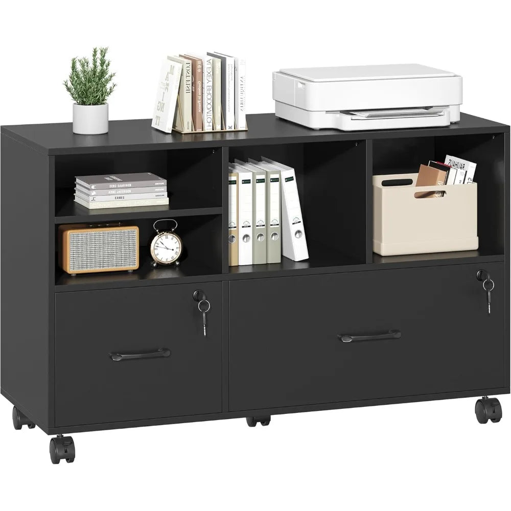 Wood Lateral File Cabinet with Lock,Lockable Rolling Filing Cabinet with Adjustable Storage Shelves,Printer Stand
