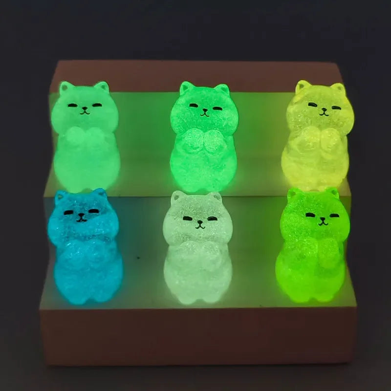 7PCS Mini Lucky Cat Glow At Night Kawaii Home Decor Luminous Cute Cats Miniature Figurine Desk Decoration DIY